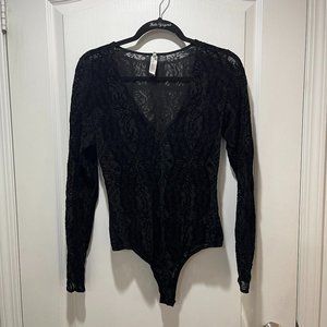 SOLD - Free People Black Lace Long Sleeve Bodysuit Size Medium